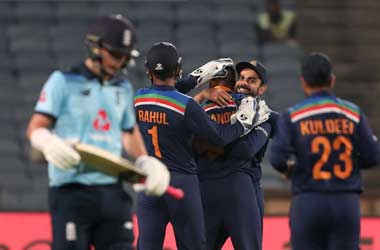 India celebrate 1st ODI match win during England's Tour Of India 2021 