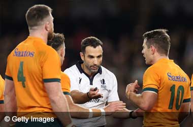 Referee Mathieu Raynal speaking to Australian Rugby Players during Bledisloe Cup 2022 Final